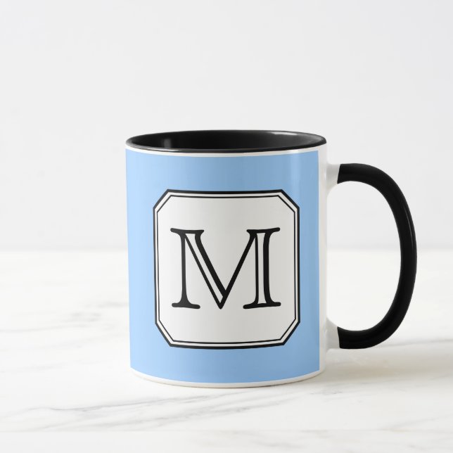 Your Letter. Custom Monogram. Blue Black White. Mug (Right)