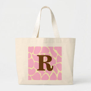 Your Letter Custom Monogram. Pink Giraffe Print. Large Tote Bag