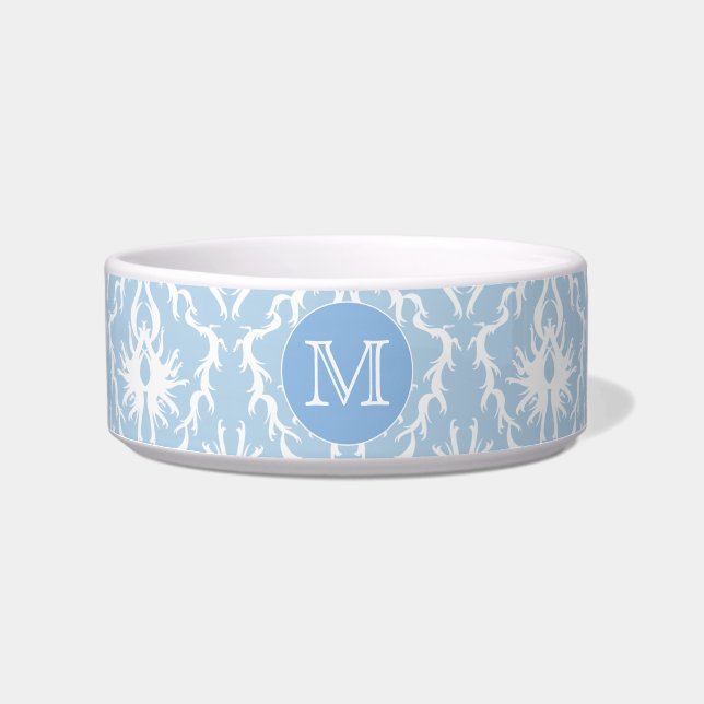 Your Letter, Monogram. Pale Blue Damask Pattern. Bowl (Front)