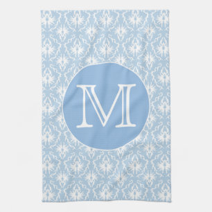 Your Letter, Monogram. Pale Blue Damask Pattern. Tea Towel