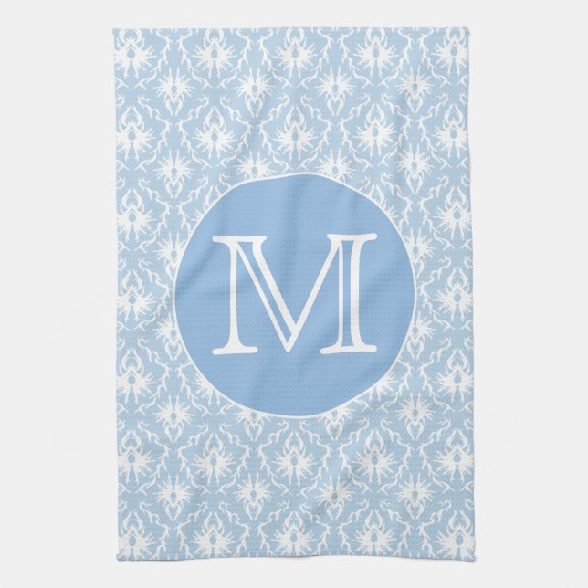 Your Letter, Monogram. Pale Blue Damask Pattern. Tea Towel (Vertical)