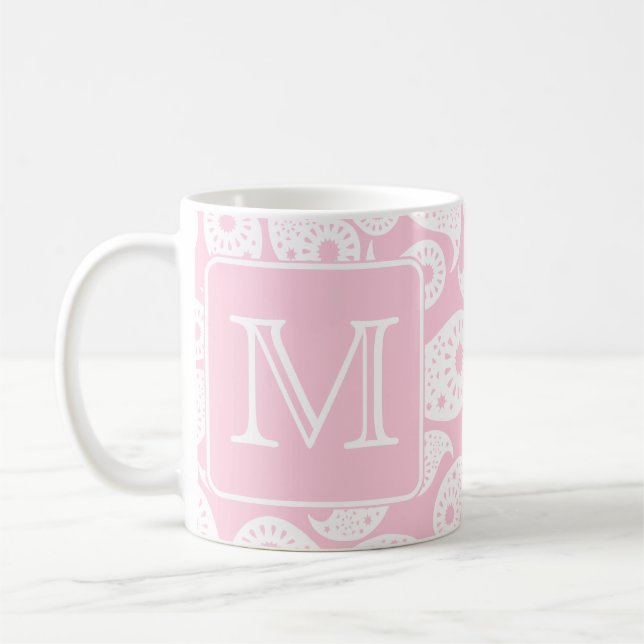 Your Letter Monogram. Pink Paisley Pattern. Coffee Mug (Left)