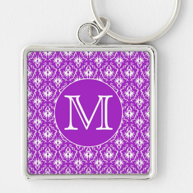 Your Letter. Purple and White Damask Pattern. Key Ring (Front)