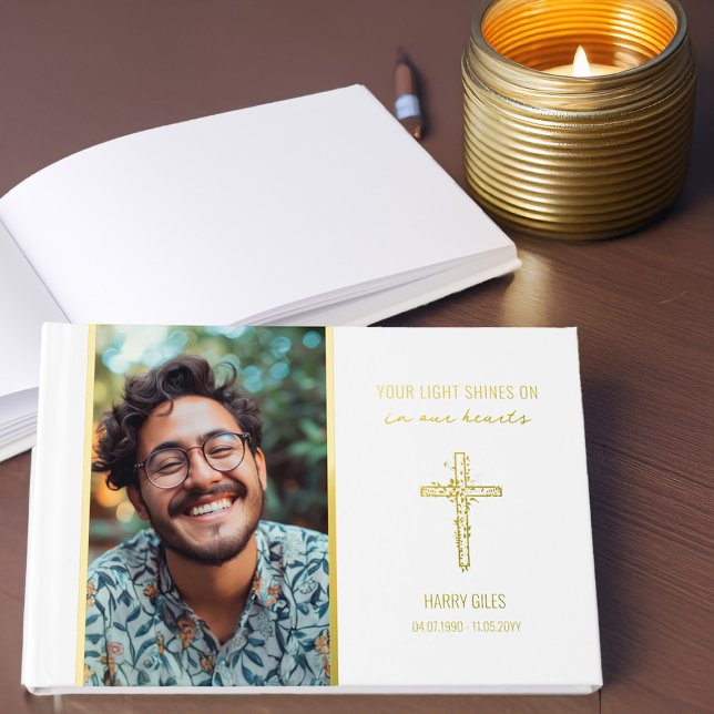 Your Light Shines Memorial Photo Gold Guest Book (Gold Foil Memory Book / Celebration of Life Guest Book with photo by Darling & May)