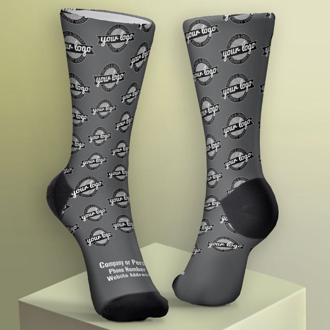 Your Logo All Over - White Type - Grey Socks (Custom Logo Socks)