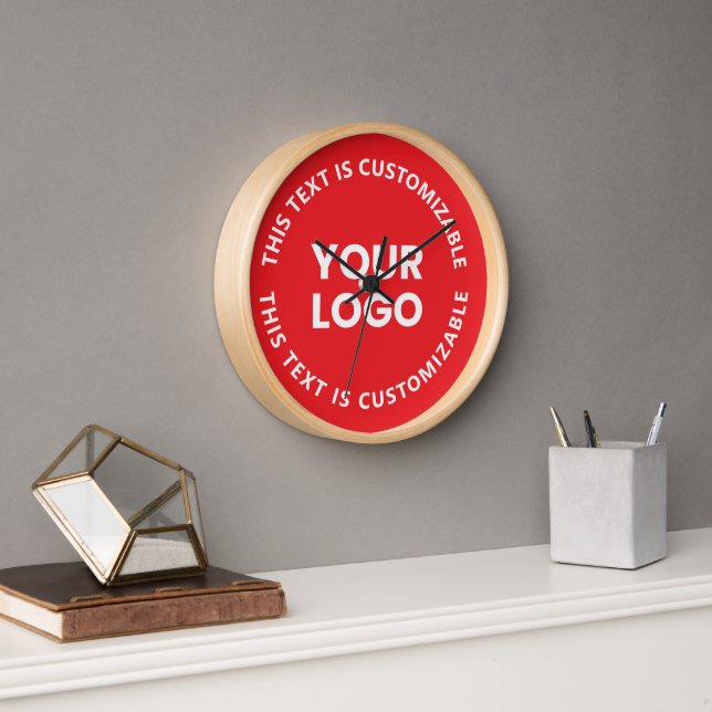 Your Logo/Any Uploaded Image & Circular Text | Red Clock (Office)