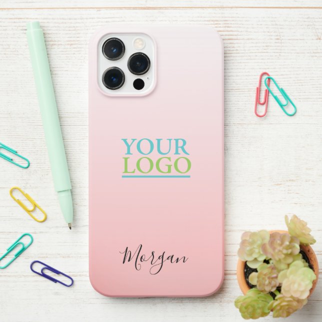 Your Logo/Art/Photo, Black Name, Gradient Peach iPhone Case (On Desk)