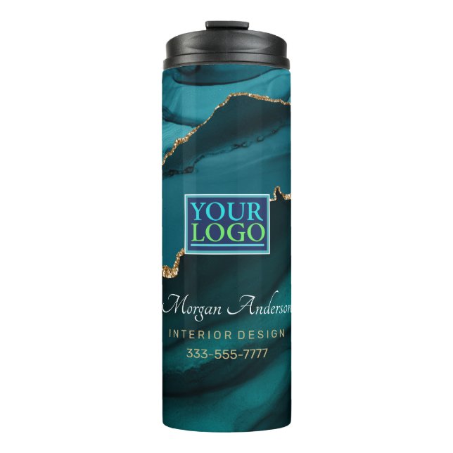 Your Logo/Art/Photo, Elegant, Teal Agate & Gold Thermal Tumbler (Front)