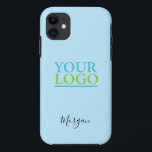 Your Logo/Art/Photo, Name Black Script, Light Blue iPhone 11 Case<br><div class="desc">Personalise with your Company Logo,  Art or Photo and name in black script on Light Blue background. Click “Customise” to change colours and type styles.</div>