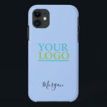 Your Logo/Art/Photo, Name Black Script, Pale Blue iPhone 11 Case<br><div class="desc">Personalise with your Company Logo,  Art or Photo and name in black script on Pale Blue background. Click “Customise” to change colours and type styles.</div>