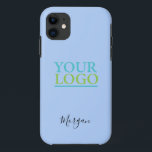 Your Logo/Art/Photo, Name Black Script, Pale Blue iPhone 11 Case<br><div class="desc">Personalise with your Company Logo,  Art or Photo and name in black script on Pale Blue background. Click “Customise” to change colours and type styles.</div>