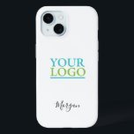 Your Logo/Art/Photo, Name Black Script, White iPhone 15 Case<br><div class="desc">Personalise with your Company Logo,  Art or Photo and name in black script on white background. Click “Edit Using Design Tool” to change colours and type styles.</div>