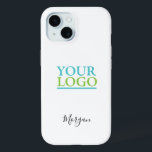 Your Logo/Art/Photo, Name Black Script, White iPhone 15 Case<br><div class="desc">Personalise with your Company Logo,  Art or Photo and name in black script on white background. Click “Edit Using Design Tool” to change colours and type styles.</div>
