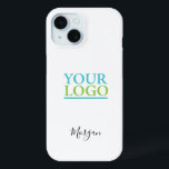 Your Logo/Art/Photo, Name Black Script, White iPhone 15 Case<br><div class="desc">Personalise with your Company Logo,  Art or Photo and name in black script on white background. Click “Edit Using Design Tool” to change colours and type styles.</div>