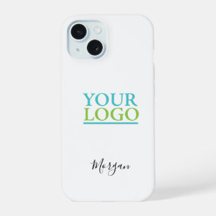 Your Logo/Art/Photo, Name Black Script, White iPhone 15 Case