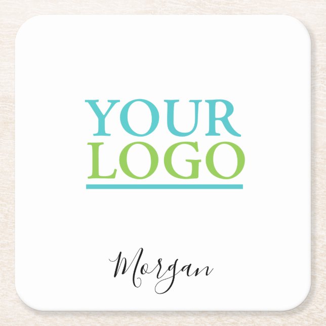 Your Logo/Art/Photo, Name Black Script, White Square Paper Coaster (Front)