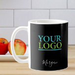 Your Logo/Art/Photo, Name White Script, Black Coffee Mug<br><div class="desc">Personalise with your Company Logo,  Art or Photo and name in white script on black background. Click “Edit Using Design Tool” to change colours and type styles.</div>