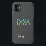 Your Logo/Art/Photo, Name White Script, Dark Grey iPhone 11 Case<br><div class="desc">Personalise with your Company Logo,  Art or Photo and name in white script on Dark Grey background. Click “Customise” to change colours and type styles.</div>