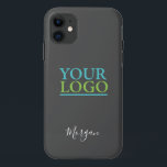 Your Logo/Art/Photo, Name White Script, Dark Grey iPhone 11 Case<br><div class="desc">Personalise with your Company Logo,  Art or Photo and name in white script on Dark Grey background. Click “Customise” to change colours and type styles.</div>