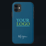 Your Logo/Art/Photo, Name White Script, Ocean Blue iPhone 11 Case<br><div class="desc">Personalise with your Company Logo,  Art or Photo and name in white script on Ocean Blue background. Click “Customise” to change colours and type styles.</div>