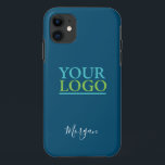Your Logo/Art/Photo, Name White Script, Ocean Blue iPhone 11 Case<br><div class="desc">Personalise with your Company Logo,  Art or Photo and name in white script on Ocean Blue background. Click “Customise” to change colours and type styles.</div>