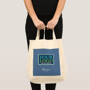 Your Logo/Art/Photo, White Script Name, Blue Tote Bag