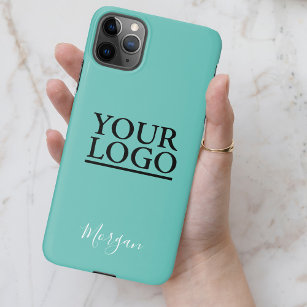Your Logo/Art/Photo, White Script Name, Light Teal iPhone 11Pro Max Case