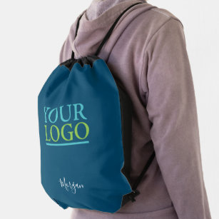 Your Logo/Art/Photo, White Script Name, Ocean Blue Drawstring Bag