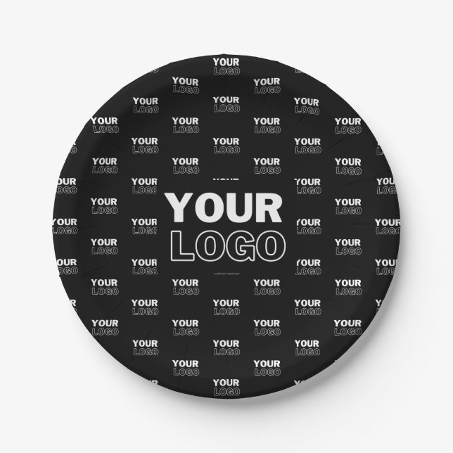 Your Logo & Background Repeating Logo | Black Paper Plate (Front)