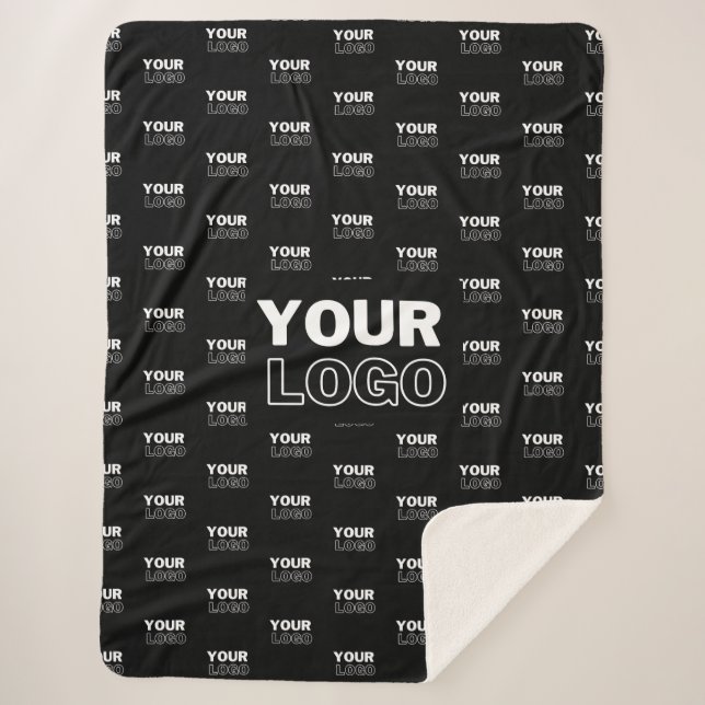Your Logo & Background Repeating Logo | Black Sherpa Blanket (Front)
