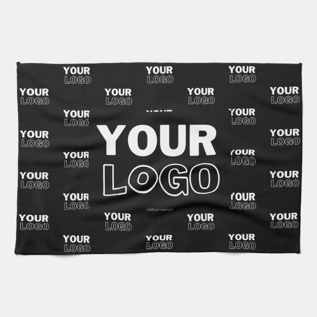 Your Logo & Background Repeating Logo | Black Tea Towel (Horizontal)