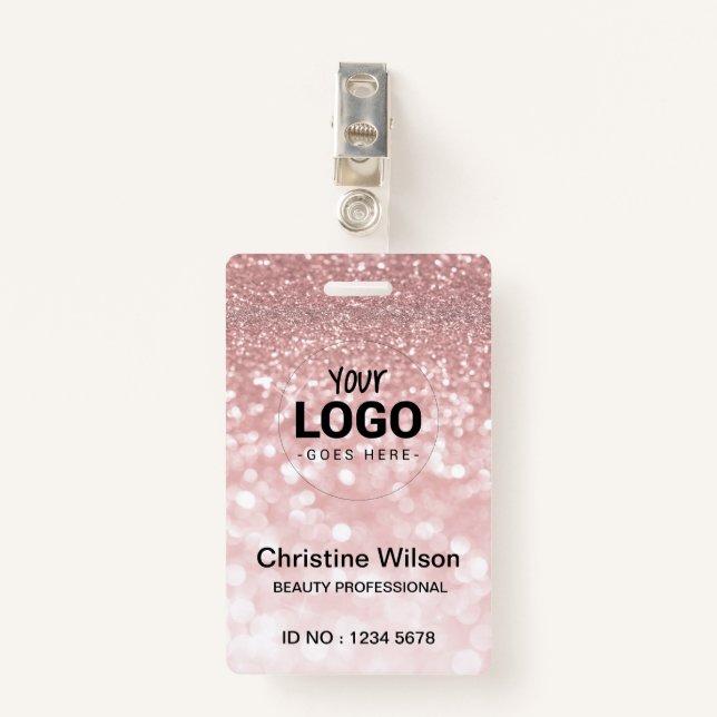 your logo beauty salon ID card FAUX pink glitter ID Badge (Front with Clip)