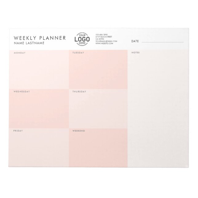 Your Logo Blush Pink Simple Undated Weekly Planner Notepad (Front)
