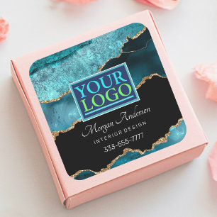 Your Logo, Business DIY, Teal Black & Gold Agate Square Sticker