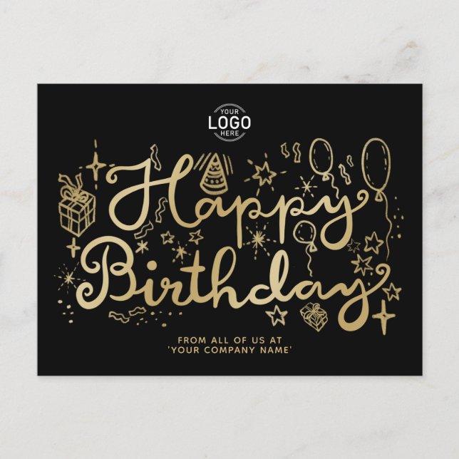 Your Logo Business Fun Doodle Gold Happy Birthday Holiday Postcard (Front)