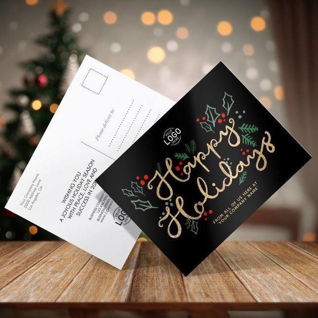 Your Logo Business Gold Happy Text Holidays Black  Holiday Postcard (Creator Uploaded)