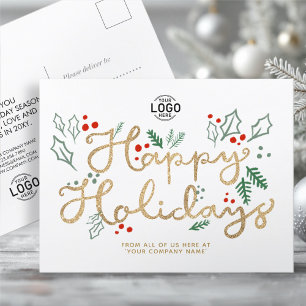 Your Logo Business Gold Happy Text Holidays White Holiday Postcard