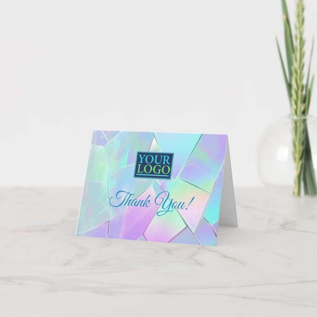 Your Logo, Business Name, Teal & Purple Iridescent Thank You Card (Front)