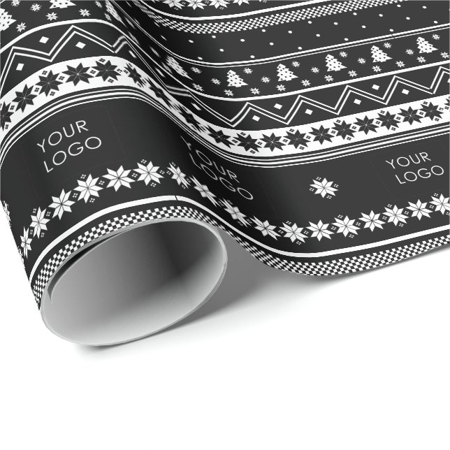 Your Logo Business Nordic Christmas Pattern Black Wrapping Paper (Roll Corner)