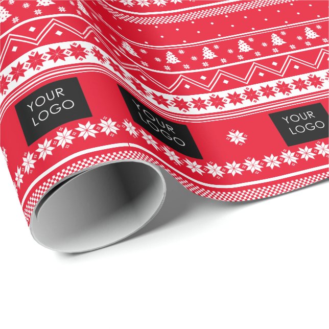 Your Logo Business Nordic Christmas Pattern Red Wrapping Paper (Roll Corner)