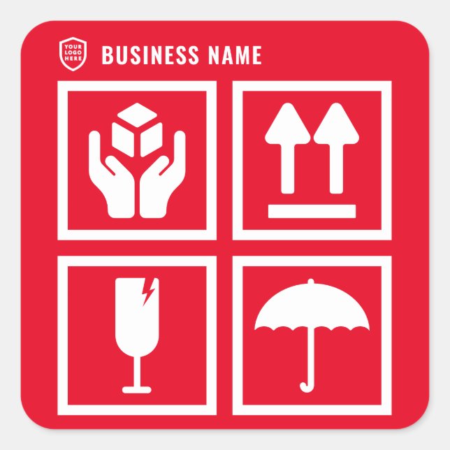 Your Logo Business | Package Handling Symbol Red Square Sticker (Front)