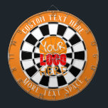 Your Logo Custom Orange and White Dart Board<br><div class="desc">Custom Your logo here dartboard with centre logo upload option. Upload a file with no white background for best look on background. Add Text to the top and bottom of board or delete the text in the template space.</div>