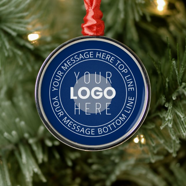Your Logo & Customisable Circular Text | Navy Blue Metal Ornament (Tree)