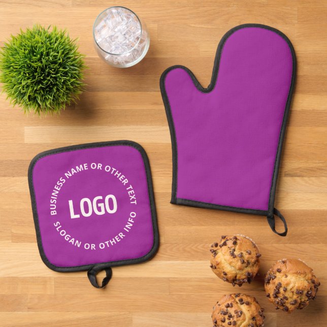 Your Logo & Customisable Text | Purple Violet Oven Mitt & Pot Holder Set (Top Down)