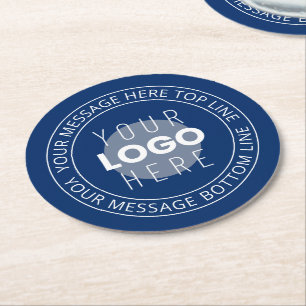 Your Logo & Customizable Circular Text Navy Blue Round Paper Coaster