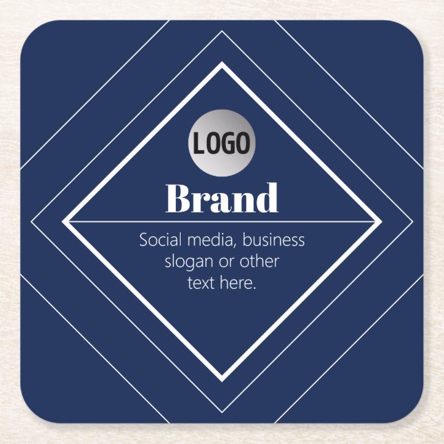 Your Logo & Customizable Modern Design | Navy Blue Square Paper Coaster (Front)