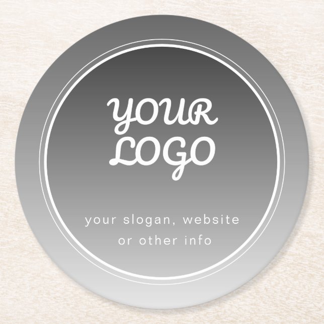 Your Logo & Editable Text | Dark Grey Gradient  Round Paper Coaster (Front)