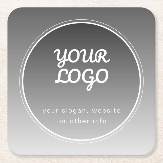 Your Logo & Editable Text | Dark Grey Gradient  Square Paper Coaster (Front)