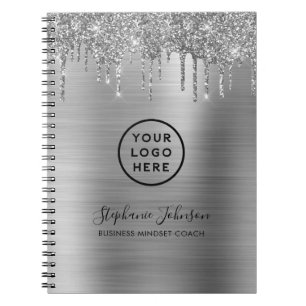 Your Logo Elegant Silver Metallic Glitter Drip Notebook