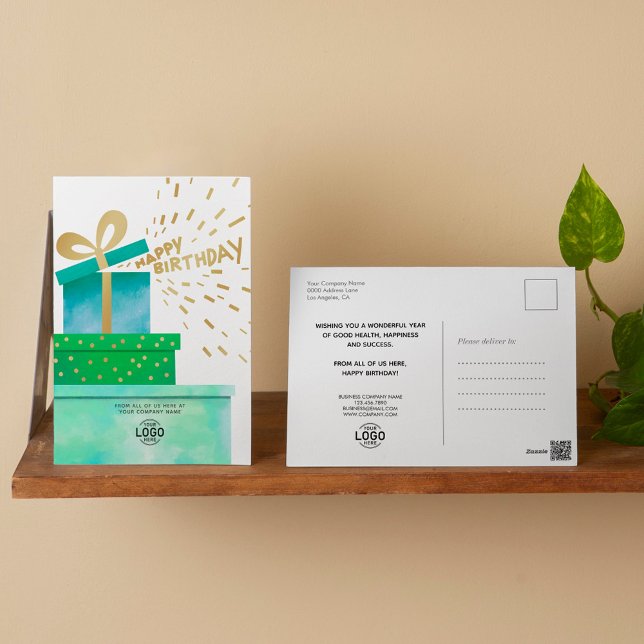 Your Logo Fun Green Happy Birthday Gifts Boxes Holiday Postcard (Creator Uploaded)